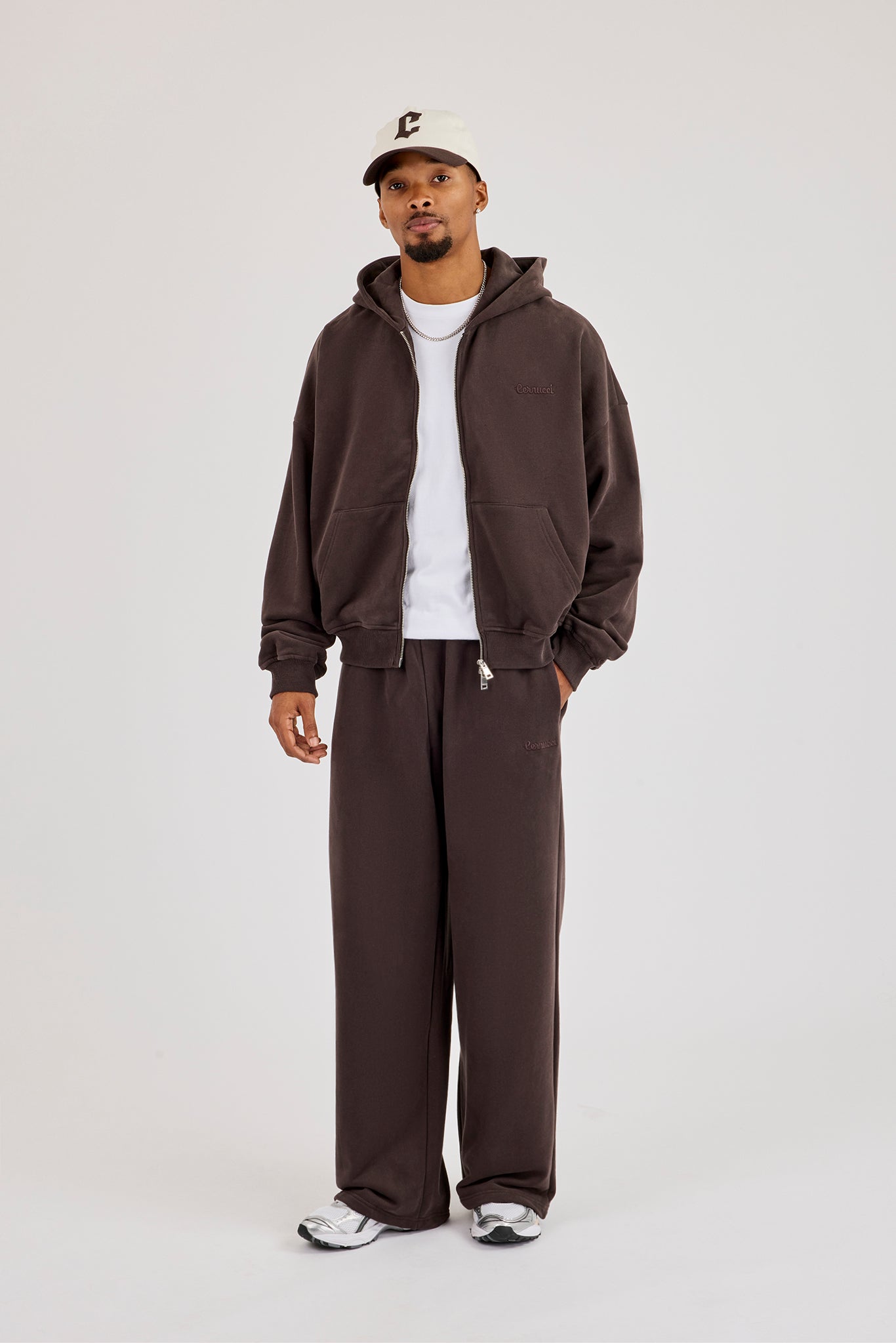 Zip Through Boxy Hoodie & Baggy Fit Jogger - Coffee